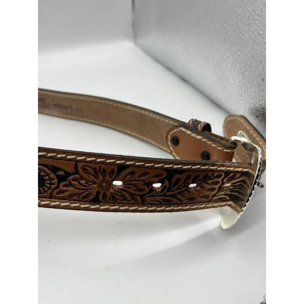 Tony Lama Tooled Floral Leather Mens Western Belt Size 38 Brown Silver C40064